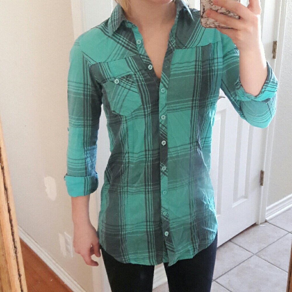 Plaid button up top